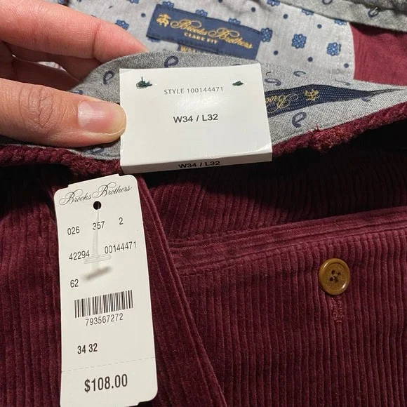 NEW Brooks Brothers Corduroy Pants 34x32 Mens Clark Chino Wine Burgundy